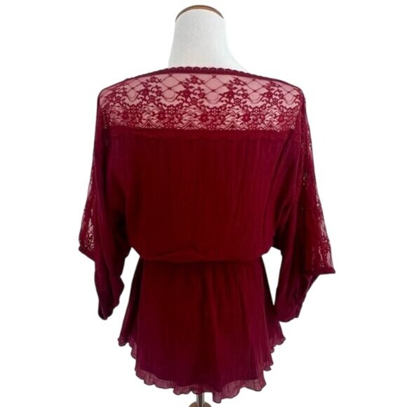RARE Vintage Free People Burgundy Red Lace Trim Cinched Waist Boho Crepe Top - Picture 10 of 16